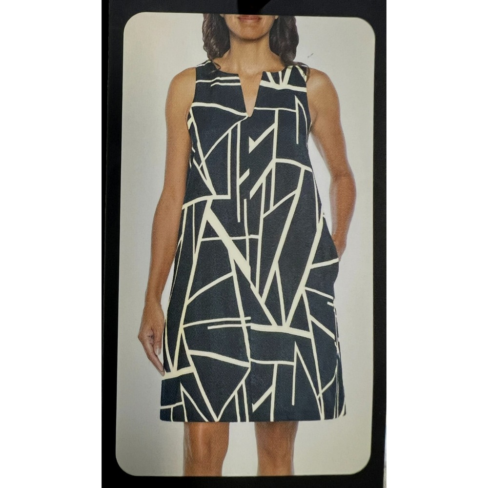 NWT Banana Republic A-Line Dress Navy Cream Rayon Print V-Neck‎ Sleeveless SZ M